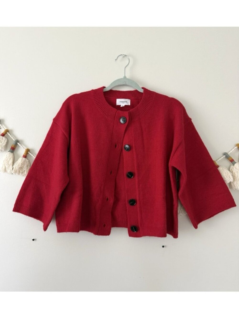 Anniewear Red Knit 3/4 Sleeve Button Front Cardigan Preppy Cottage Modest NWOT M
